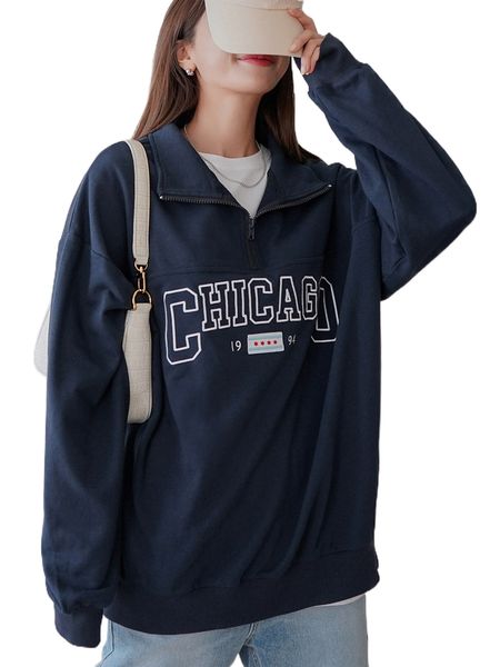 

dazy letter embroidery quarter zip oversized sweatshirt 42us#, Black