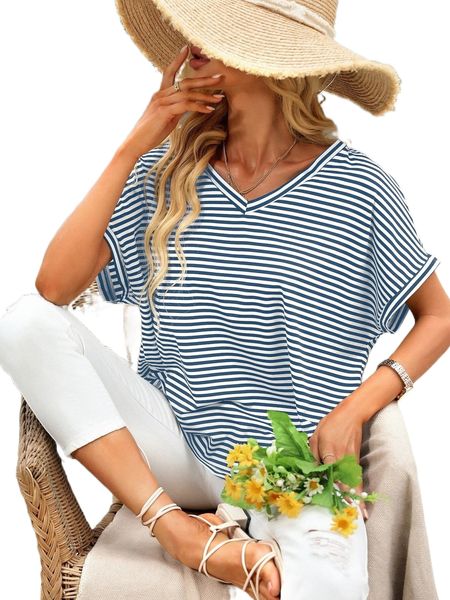 

striped print batwing sleeve blouse u7gp#, White