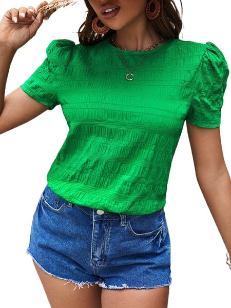 

textured solid puff sleeve blouse x7lg#, White