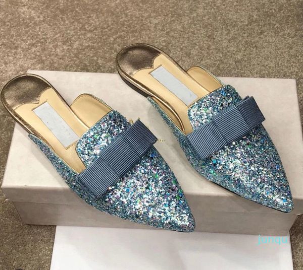 2022-Elegante Designer-Sandalen Gala Glitzer-Leder-Slipper-Flats mit Schleife, modische Damen-Spitzenzehen-Casual-Pantoletten, flache Damenschuhe