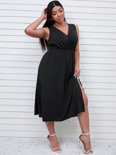 

plus solid surplice front split thigh dress i72r#, Black