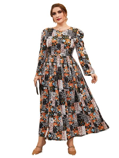 

plus random patchwork print puff sleeve dress z0wg#, Black