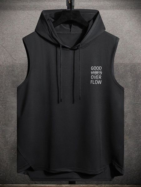

men slogan graphic drawstring hooded high low hem tank u1ne#, White;black