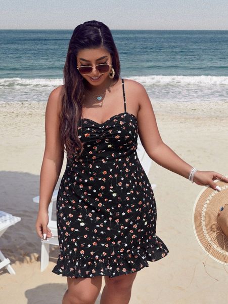

plus floral print ruched ruffle hem cami dress 08v9#, Black
