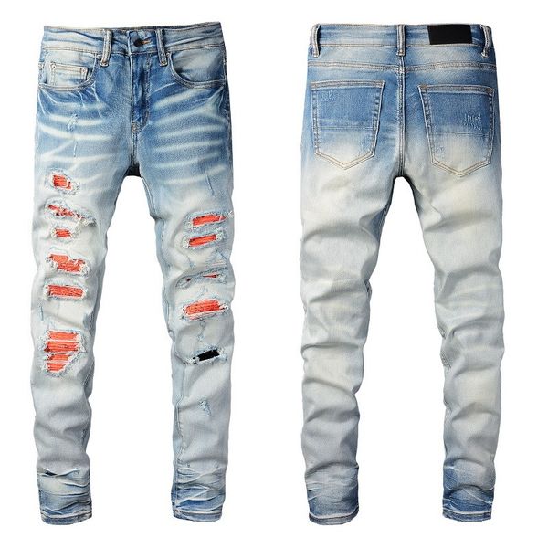 Jeans azul para homens para caras joelho rasgado magro magro de calça rasgada manchas laranja vestindo motociclista jeans de jea