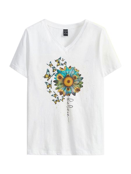 

x peace butterfly & floral print v-neck tee g5vb#, White