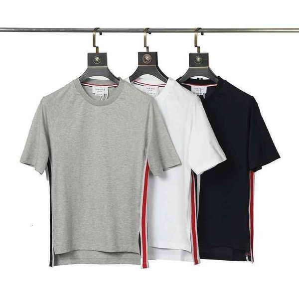 

brun tb yarn dyed round neck short sleeve red white and blue ribbon korean casual t-shirt american pullover art four stripes versatile high, White;black
