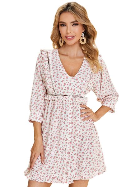 

buttoned front ruffle trim lace insert ditsy floral dress q3pn#, Black;gray