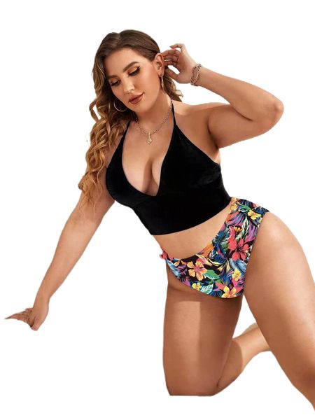 

plus tropical print tie back halter high waist bikini swimsuit g3pa#, White;black