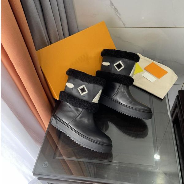

2023 snow boots shoes winter famous designer sneakers short 100% leather fur wool thick bottom flat heel fashion color matchingcover feet, Black