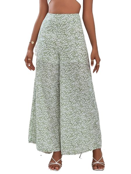 

petite ditsy floral high waist wide leg pants y7ph#, Black;white