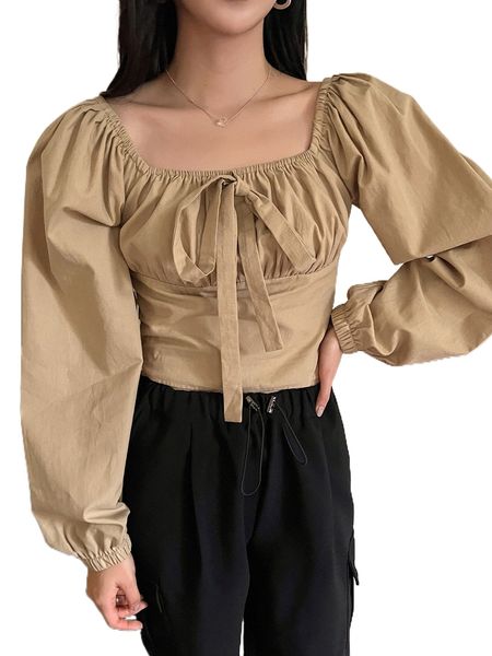 

dazy ruched bust knot front lantern sleeve shirred back blouse y6ee#, White