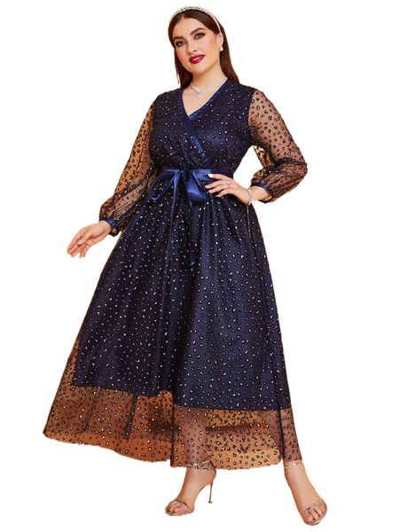 

plus confetti heart print lantern sleeve belted mesh dress f6de#, Black