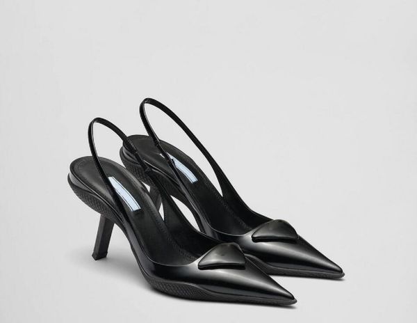 

summer spring sandals shiny leather back strap high heels triangularhr heel logo head high-heeled women shoes wedding party dress shoes size, Black