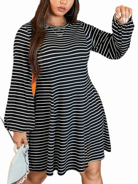 

plus lantern sleeve striped print tee dress t0jv#, Black