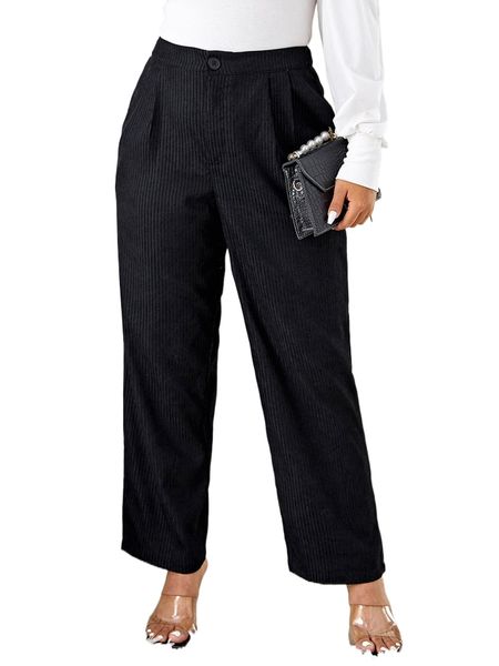 

frenchy plus corduroy solid wide leg pants u0sv#, Black
