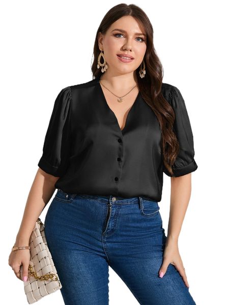 

plus puff sleeve satin blouse l5tu#, Black