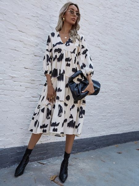 

all over print v-neck ruffle hem smock dress y9je#, Black;gray