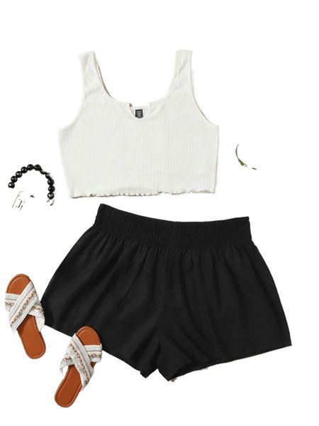 

plus lettuce trim notched neck tank & shirred waist shorts 09hd#, Black