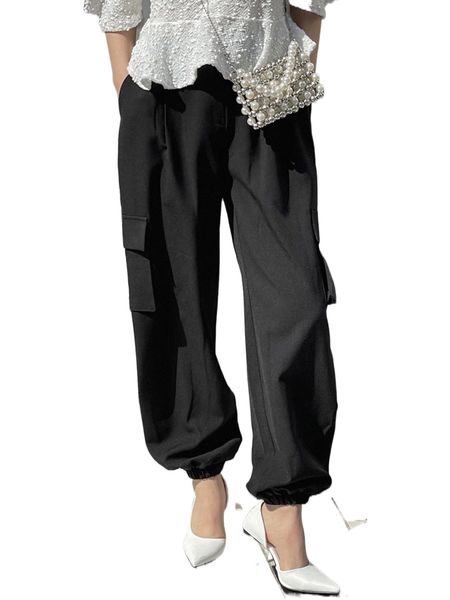 

dazy solid flap pockets side cargo pants j31i#, Black;white