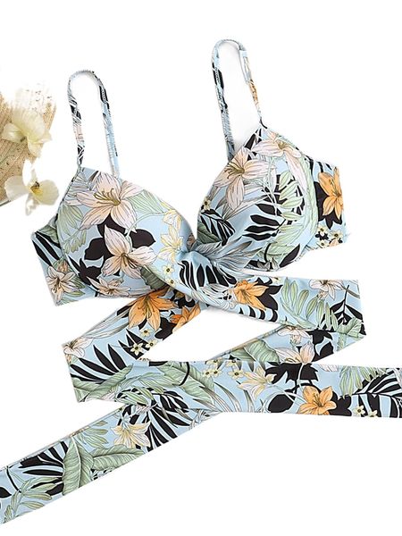 

plus tropical print wrap push up bikini e5gy#, Black
