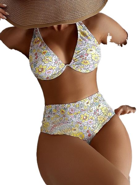

allover floral print cross back underwire bikini swimsuit j1wf#, White;black
