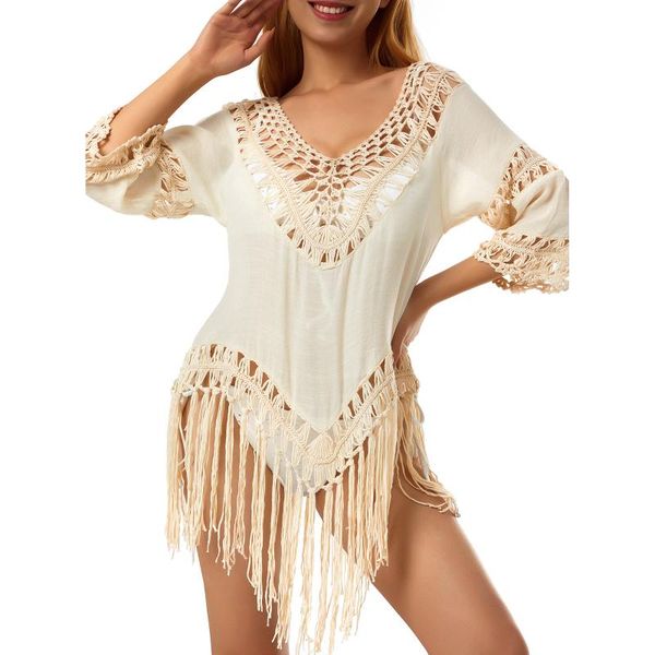 

women's swimwear women bikini cover up beach dress hollow out v neck irregular tassel solid sarongs tunic beachwearwomen's, White;black