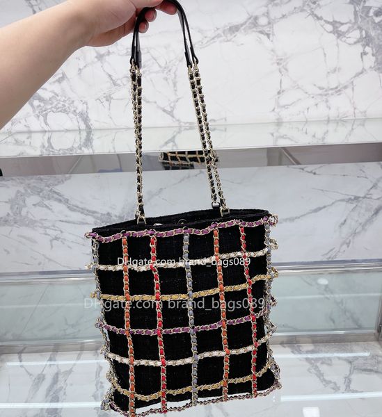 

2022 web celebrity colored leather bags chain black tweed shopping bag womens luxury designer totes large capacity fashion travel bag