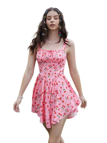 

mod polka dot & cherry print ruched bust tie front cami dress c8wl#, Black;gray