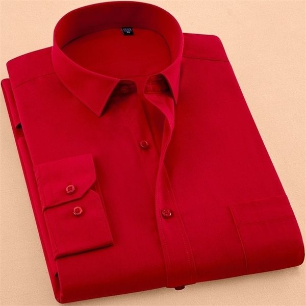 Autumn Mens Dress Camisa Manga Longa Casual Cor Pura Negócio Red Stand Collar Macho Roupas Macho Camisa Masculina Social 220401