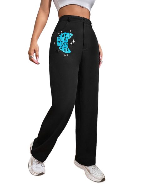 

slogan graphic straight leg pants e4pj#, Black;white