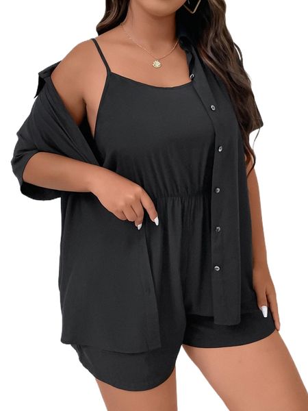 

plus button through shirt & cami romper p7yn#, Black