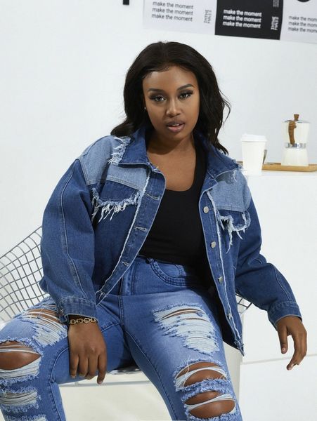 

plus ripped raw trim button front denim jacket 62f4#, Black;brown