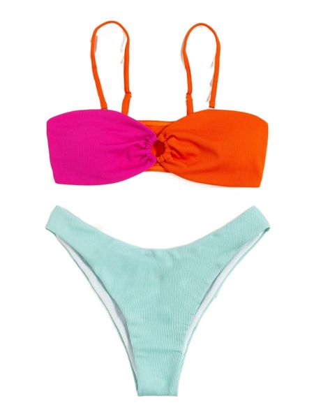 

color block rib ring linked bikini swimsuit g7hy#, White;black