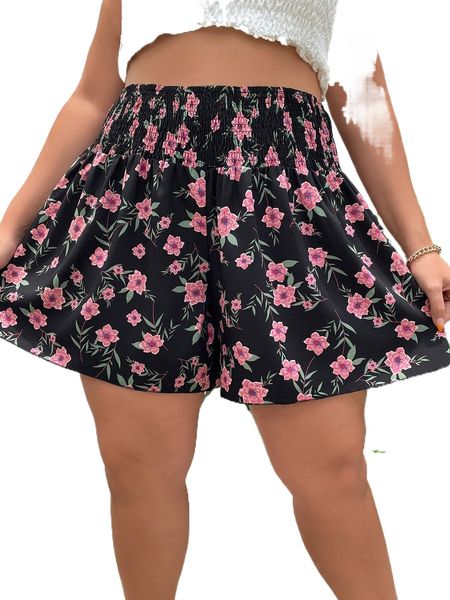 

plus allover floral print shirred wide leg shorts y17k#, Black