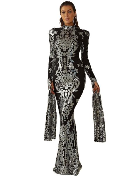 

missord extra-long sleeve mermaid hem sequin formal dress n5nx#, Black;gray