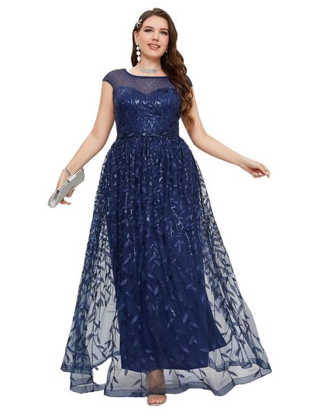 

plus plant embroidery mesh contrast sequin bridesmaid dress c6os#, Black