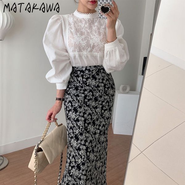 

heavy industry lace border blusas korea standup collar ladies shirt chic lantern sleeve blouse women 210506, White