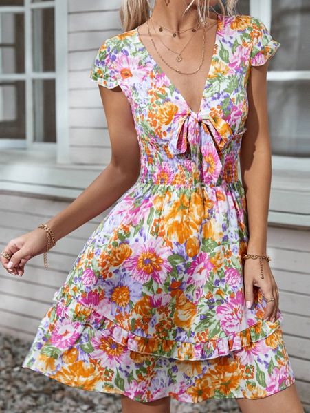 

allover floral tie front shirred waist layered ruffle hem dress w8lp#, Black;gray