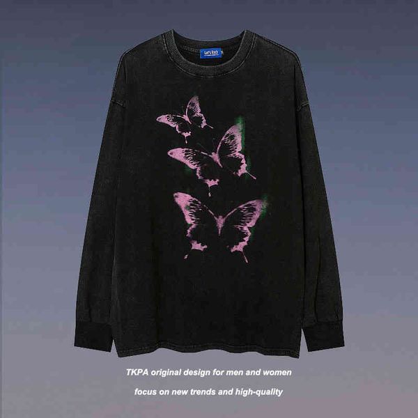 

tkpa street hip-hop butterfly graffiti long sleeve t-shirt men and women high street fashion brand loose lovers casual versatile sweater, Black