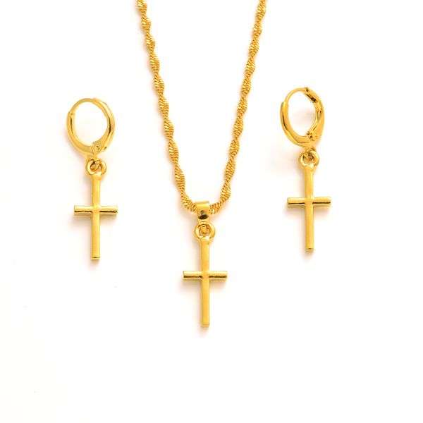 Frauen Lady Jesus Kreuz Creolen Ohrringe Halskette Set 18K Gelbgold GF