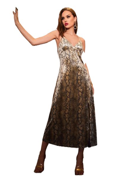 

snakeskin print split thigh velvet cami dress a3fp#, Black;gray