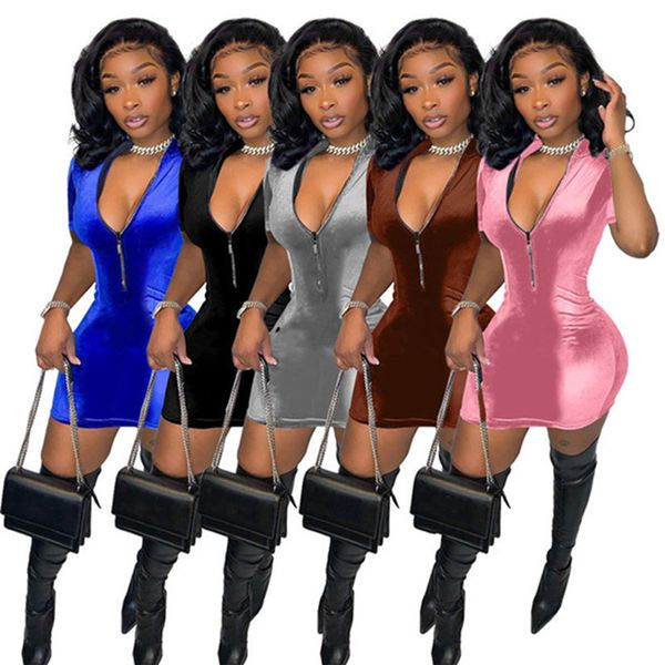 

wholesale velvet dresses summer women short sleve bodycon dress velour mini skirt casual hip packaged dress bulk dhl 6981, Black;gray