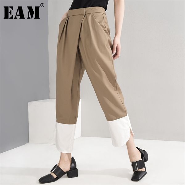 

eam high elastic waist khaki pleated contrast color trousers new loose fit pant fashion spring summer 1w16704 201012, Black;white