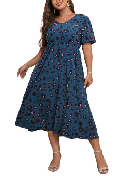 

plus allover print tie back puff sleeve a-line dress w8hv#, Black