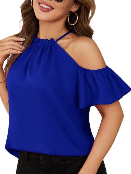 

frill trim cold shoulder blouse e52b#, White