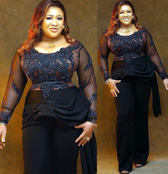 

2022 plus size arabic aso ebi black lace beaded jumpsuits prom dresses sheath evening formal party second reception birthday engagement gown