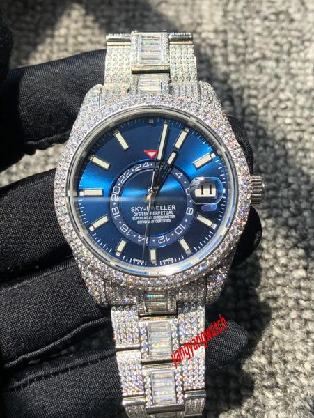

5 types fashion blue dial silver cz diamond watch sapphire glass eta 9001 automatic winding mens luxury full frozen zircon watch with box, Slivery;brown