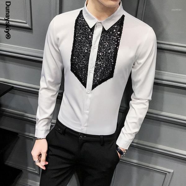 Camicie casual da uomo 2022 Tuxedo Uomo manica lunga Camisa Masculina Abito slim fit bianco nero Streetwear Top sociali