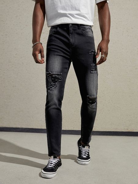 

men ripped slant pocket jeans s24x#, Blue